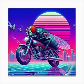 An Image Of A Fly Riding A Motorbike In A Vaporwave, With A Wide Angle View 3 Canvas Print