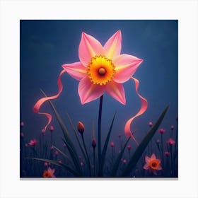 A Radiant Daffodil With Petals Of Flowing, Neon Ribbons In A Surreal, Twilight Meadow 1 Canvas Print