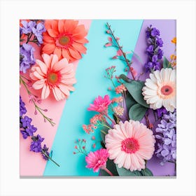 Colorful Flowers On A Purple, Pink And Blue Background Canvas Print