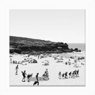 Day At The Beach, Portugal  Black And White Travel Documentary Photography Square Canvas Print