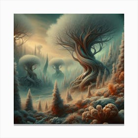 Jacek Yerka's Brushstrokes Meet AI: Generate Mesmerizing Winter Trees. Canvas Print