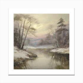 Ancient landscapes, old winter oil paintings and rocks around the lake bank. Snow is falling on the lake, old colors.2 Canvas Print