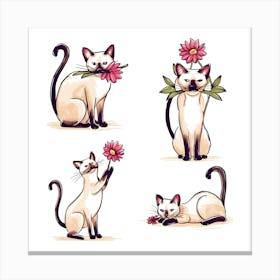 A charming and whimsical illustration of a Siamese cat in four distinct poses, 1 Canvas Print