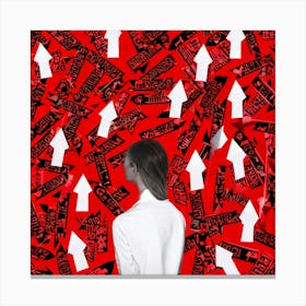 Abstract Illustration Of A Human Figure Pondering In A Sea Of White With Vivid Red Caution Signs Ch (7) Canvas Print