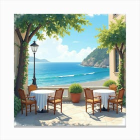 Watercolor Of A French Seaside Café With Views Of The Sparkling Blue Sea 1 Canvas Print