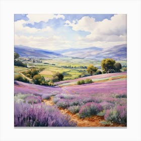 A Water Color Painting Of An Open Landscape With Rolling Hills And Lavender Fields Canvas Print
