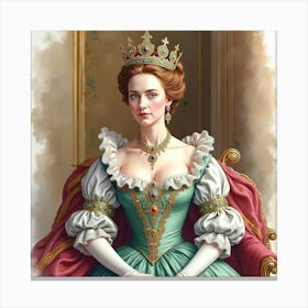 Watercolor Of Queen Elizabeth I, Detailed Royal Attire, Grand Setting 1 Canvas Print