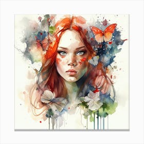 Watercolor Floral Red Hair Woman #7 Canvas Print