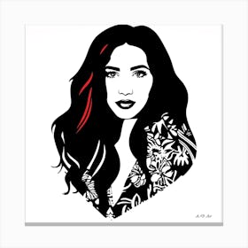 Black And White Minimal Portrait Illustration Of A Self Confident Women With Red Streakes In Her Hair On A White Background Canvas Print