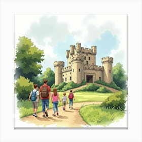 A Watercolor Of A Family Visiting An English Castle, Exploring The Ancient Grounds 1 Canvas Print