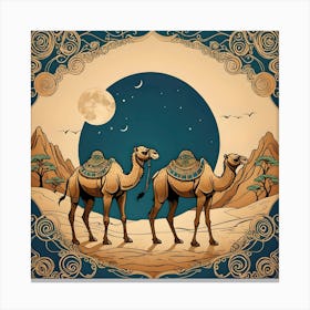 Camels At Night, Beige, Brown & Turquoise Canvas Print