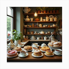 An English Tea Shop With A Display Of Assorted Teas And Pastries 1 Canvas Print