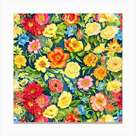 Colorful Flowers On A Blue Background Canvas Print