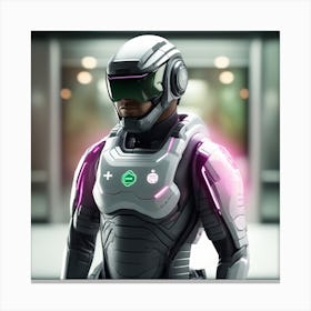 The Image Depicts A Stronger Futuristic Suit For Military With A Digital Music Streaming Display 3 Canvas Print