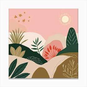 Pastel Pink Boho Landscapes with Vibrant Botanical Details Canvas Print