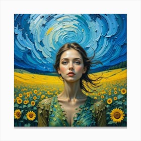 A front view of a woman, she emerges amid swirling skies and textured fields Canvas Print