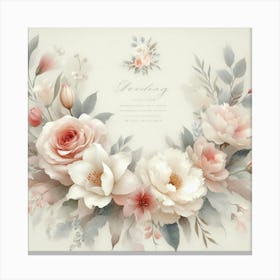 Exquisite and Delicate Watercolor Floral Illustration of Peonies, Roses, and Other Flowers in Soft Pink, White, and Green Tones, Set Against a Light Beige Background, Perfect for Use as a Wedding Invitation or Save-the-Date Card Canvas Print