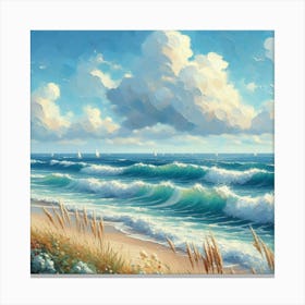 Sunny Seascape, Acrylic Painting Style Canvas Print