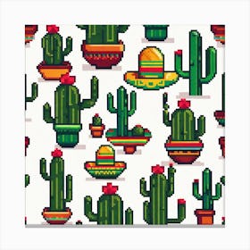 Pixel Cactus Pattern Canvas Print