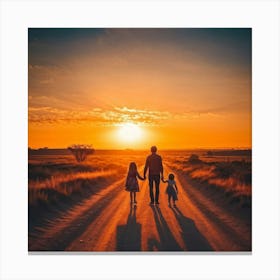 A Family Immersed In A Content Moment Walking Hand In Hand Against A Background Of A Sunset Graduall (2) Canvas Print