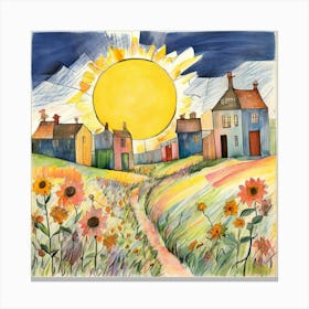 Crayon Drawn Landscape Featuring A Sun Smiling In The Corner Oversized Flowers With Irregular Petal 417913799 (1) Canvas Print