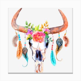 Cow Skull Sugar Flowers Roses Helloween Canvas Print