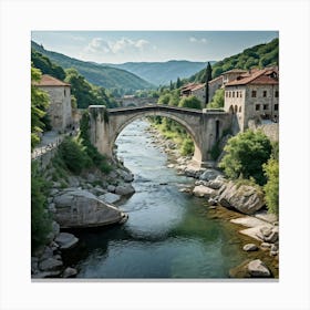 Stone Footbridge Arching Over A Calm River Nestled In A Bulgarian Town Marked By Ottoman Era Archit Canvas Print