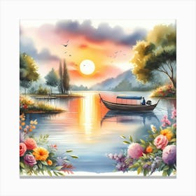 Sunset Boat On The Lake Canvas Print