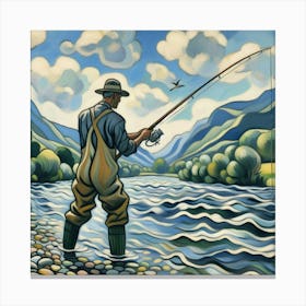 Man Fishing In The River Cabin Decor Canvas Print