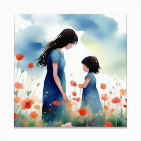 Mother And Daughter In The Field Canvas Print