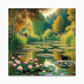 The Water Lily Pond with a Black Cat (Inspired by Claude Monet and Hffancy) 1 Canvas Print