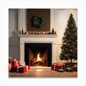 Christmas Tree In Front Of Fireplace 10 Canvas Print