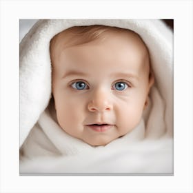 A Very Cute Little White Caucasian Baby Kid Wrapped In Soft White Blanket On A Bed Canvas Print