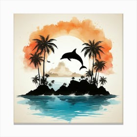 Boho art silhouette of an island with dolphins Canvas Print