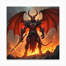 Demon Lord Holding A Flaming Sword In A Fiery Realm 1 Canvas Print