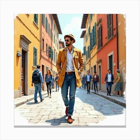 Stylish Italian Man In Watercolor, Exploring The Vibrant Streets Of Florence Canvas Print