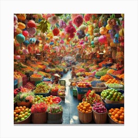 A vibrant and bustling market filled with colorful fruits and flowers.2 Canvas Print