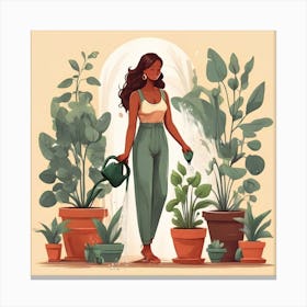 Girl Watering Plants Canvas Print