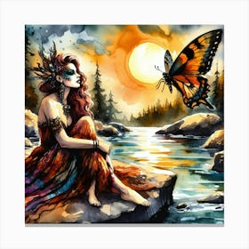 Watercolor Of A Woman With A Butterfly Canvas Print