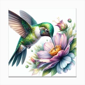 Watercolor Wonder: A Realistic and Detailed Painting of a Hummingbird Hovering over a Flower Canvas Print