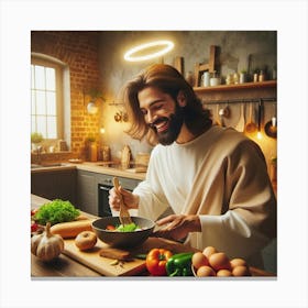 Jesus cooking a meal in a cozy modern kitchen 6 Canvas Print