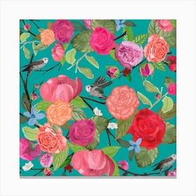 A Lot Of Vibrant Colored Cute Hand Drawn Roses With Blue Background Square Canvas Print