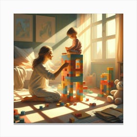 Mother And Child Playing With Blocks Canvas Print