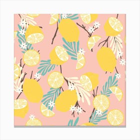 Lemon Pattern On Pink With Colorful Florals Square Canvas Print