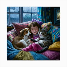 Little Girl And Her Pets Canvas Print