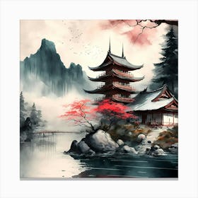 Temple Japan Nature Kyoto Landscape Mountain Japanese Lake Digital Art Painting Art Canvas Print