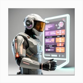 The Image Depicts A Stronger Futuristic Suit For Military With A Digital Music Streaming Display 5 Canvas Print