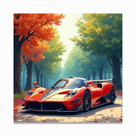 Pagani Zonda F Against A Vibrant, Watercolor Forest Scene Canvas Print