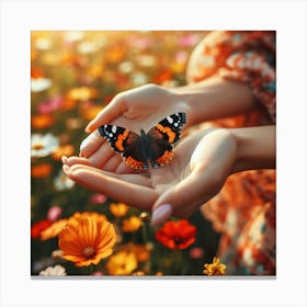 Butterfly In A Woman'S Hand Canvas Print