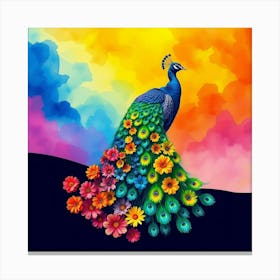 A Peacock With Tail Feathers Made Of Rainbow Colored Flowers, Set Against A Vibrant Watercolor Sky Canvas Print